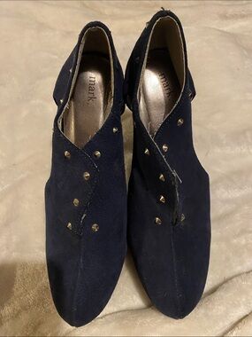 mark. Navy Suede Studded Heel Booties